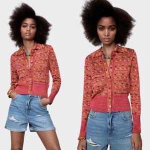 NWOT ZARA Cactus Flower Knit Jacquard Jacket Cardigan Sweater Women's Size S